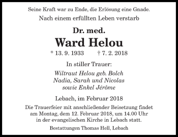 Traueranzeige von Ward Helou von saarbruecker_zeitung
