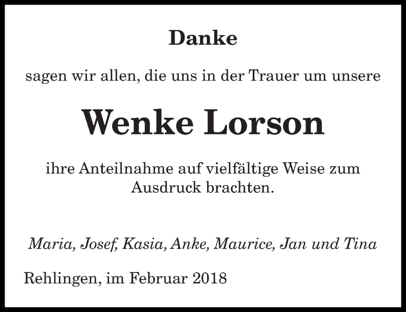  Traueranzeige für Wenke Lorson vom 10.02.2018 aus saarbruecker_zeitung