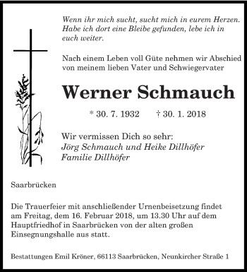 Traueranzeige von Werner Schmauch von saarbruecker_zeitung