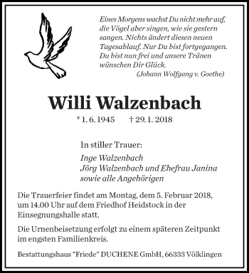 Traueranzeige von Willi Walzenbach von saarbruecker_zeitung