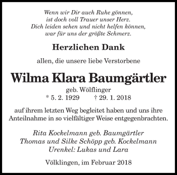 Traueranzeige von Wilma Klara Baumgärtler von saarbruecker_zeitung