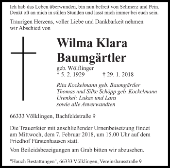 Traueranzeige von Wilma Klara Baumgärtler von saarbruecker_zeitung