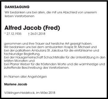 Traueranzeige von Alfred Jacob von saarbruecker_zeitung