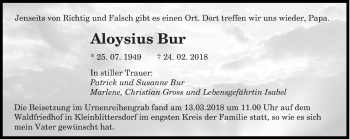 Traueranzeige von Aloysius Bur von saarbruecker_zeitung