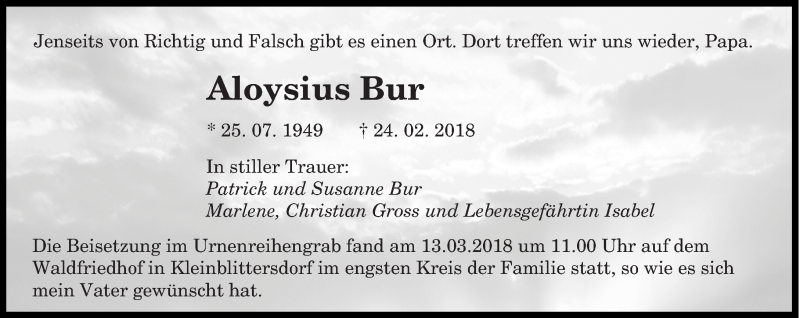  Traueranzeige für Aloysius Bur vom 15.03.2018 aus saarbruecker_zeitung