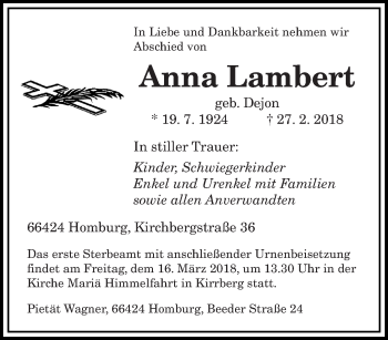Traueranzeige von Anna Lembert von saarbruecker_zeitung