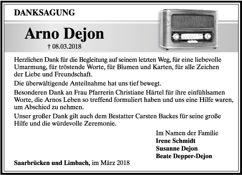  Traueranzeige für Arno Dejon vom 29.03.2018 aus saarbruecker_zeitung