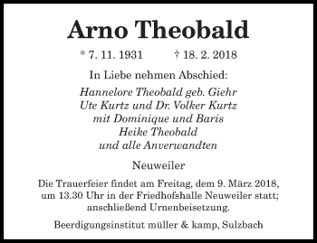 Traueranzeige von Arno Theobald von saarbruecker_zeitung