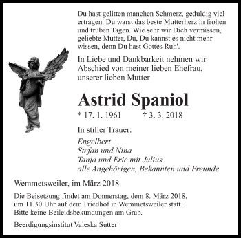 Traueranzeige von Astrid Spaniol von saarbruecker_zeitung