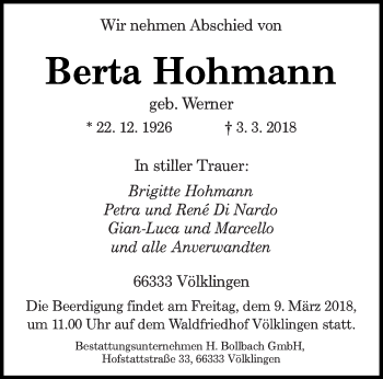 Traueranzeige von Berta Hohmann von saarbruecker_zeitung
