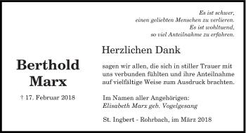 Traueranzeige von Berthold Marx von saarbruecker_zeitung