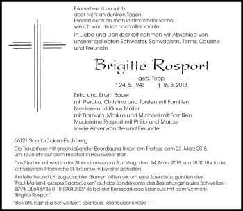 Traueranzeige von Brigitte Rosport von saarbruecker_zeitung