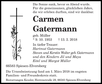 Traueranzeige von Carmen Gatermann von saarbruecker_zeitung