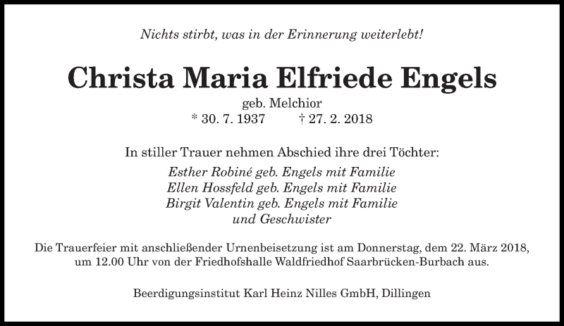  Traueranzeige für Christa Maria Elfriede Engels vom 17.03.2018 aus saarbruecker_zeitung