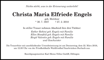 Traueranzeige von Christa Maria Elfriede Engels von saarbruecker_zeitung