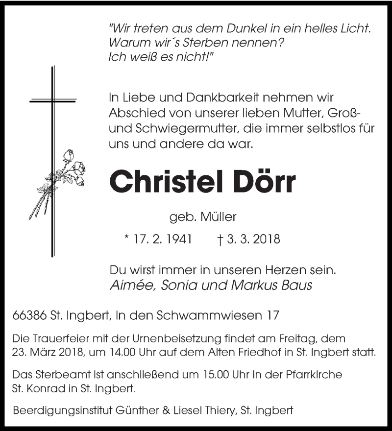  Traueranzeige für Christel Dörr vom 17.03.2018 aus saarbruecker_zeitung