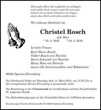 Traueranzeige von Christel Rosch von saarbruecker_zeitung