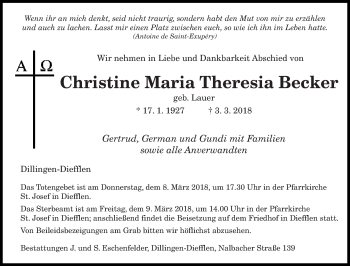 Traueranzeige von Christine Maria Theresia Becker von saarbruecker_zeitung