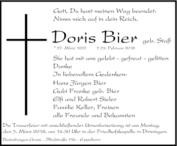 Traueranzeige von Doris Bier von saarbruecker_zeitung