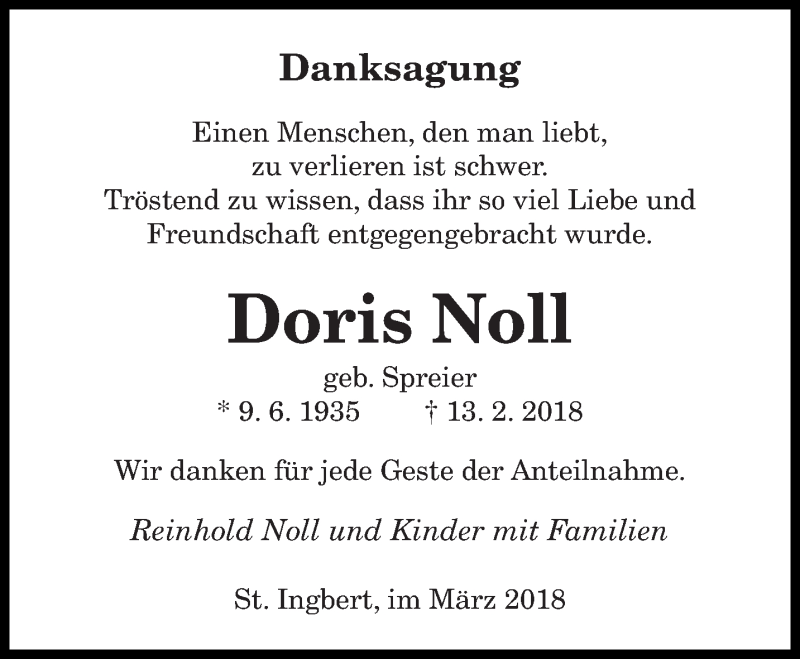  Traueranzeige für Doris Noll vom 10.03.2018 aus saarbruecker_zeitung