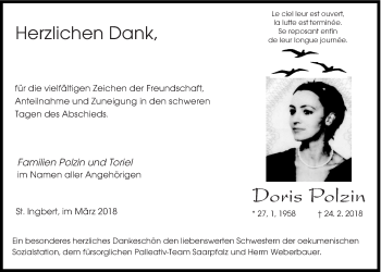 Traueranzeige von Doris Polzin von saarbruecker_zeitung