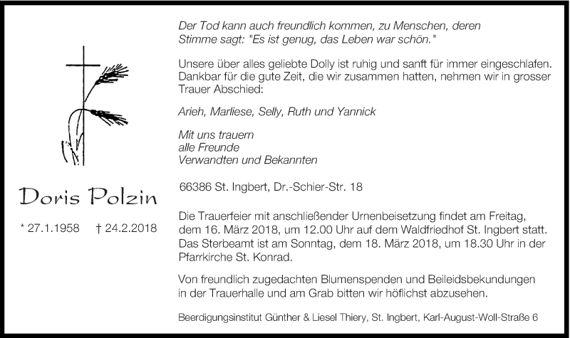  Traueranzeige für Doris Polzin vom 10.03.2018 aus saarbruecker_zeitung