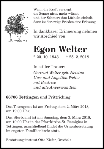 Traueranzeige von Egon Welter von saarbruecker_zeitung