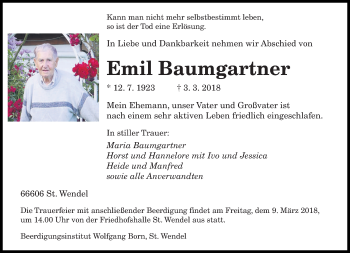 Traueranzeige von Emil Baumgartner von saarbruecker_zeitung