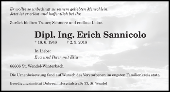 Traueranzeige von Erich Sannicolo von saarbruecker_zeitung