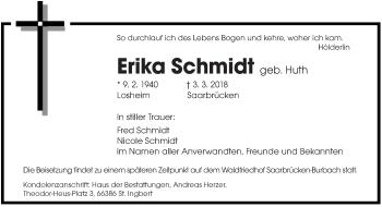 Traueranzeige von Erika Schmidt von saarbruecker_zeitung