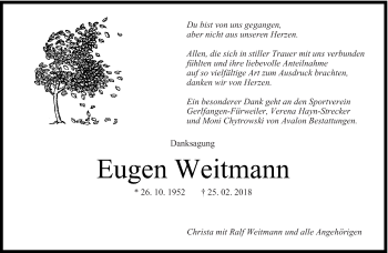 Traueranzeige von Eugen Weitmann von saarbruecker_zeitung