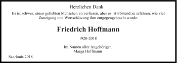 Traueranzeige von Friedrich Hoffmann von saarbruecker_zeitung