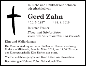 Traueranzeige von Gerd Zahn von saarbruecker_zeitung