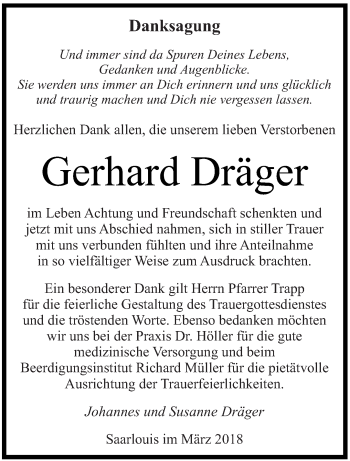Traueranzeige von Gerhard Dräger von saarbruecker_zeitung