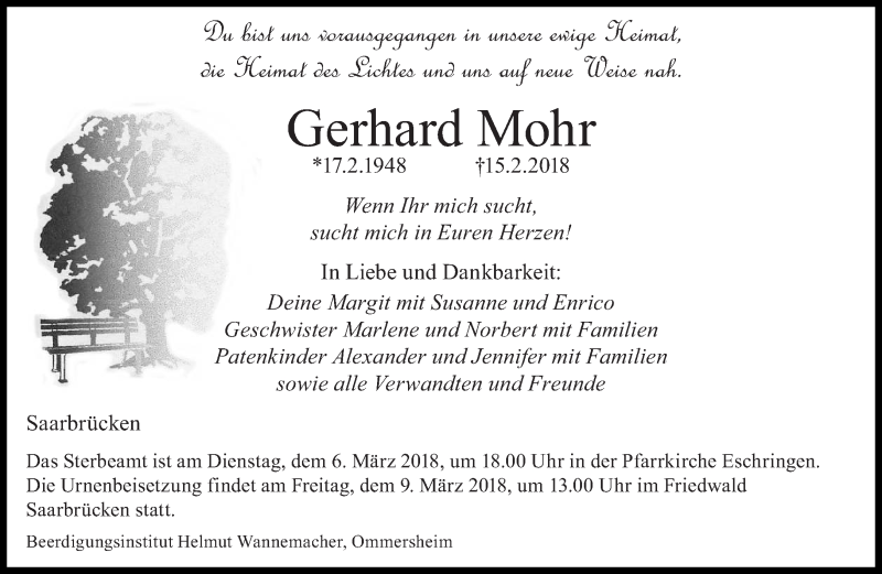  Traueranzeige für Gerhard Mohr vom 03.03.2018 aus saarbruecker_zeitung