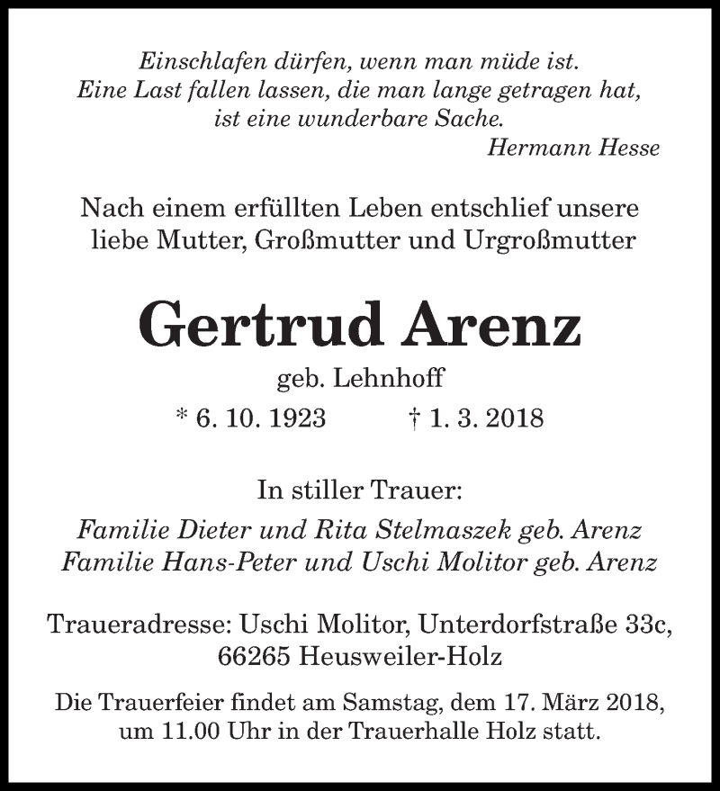 Traueranzeige für Gertraud Arenz vom 14.03.2018 aus saarbruecker_zeitung