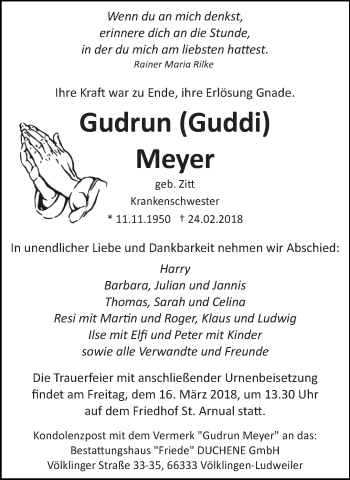 Traueranzeige von Gudrun Meyer von saarbruecker_zeitung