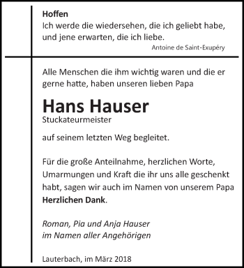 Traueranzeige von Hans Hauser von saarbruecker_zeitung