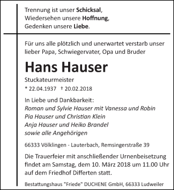 Traueranzeige von Hans Hauser von saarbruecker_zeitung
