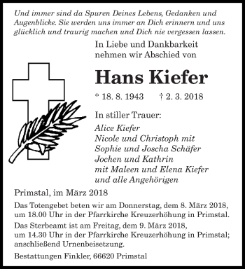 Traueranzeige von Hans Kiefer von saarbruecker_zeitung
