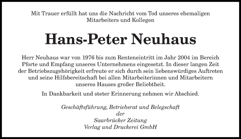  Traueranzeige für Hans-Peter Neuhaus vom 10.03.2018 aus saarbruecker_zeitung