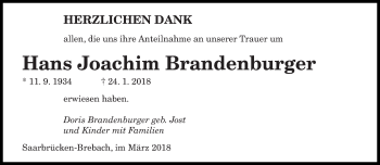 Traueranzeige von Hans Joachim Brandenburger von saarbruecker_zeitung