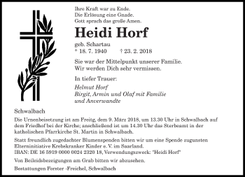 Traueranzeige von Heidi Horf von saarbruecker_zeitung