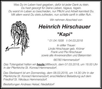 Traueranzeige von Heinrich Hirschauer von saarbruecker_zeitung
