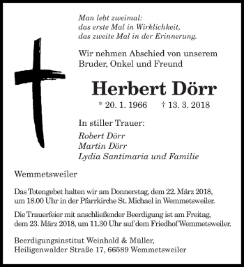 Traueranzeige von Herbert Dörr von saarbruecker_zeitung