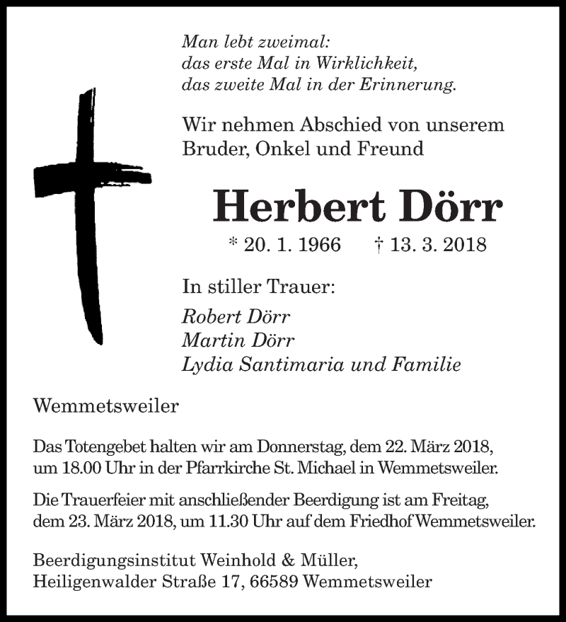  Traueranzeige für Herbert Dörr vom 21.03.2018 aus saarbruecker_zeitung