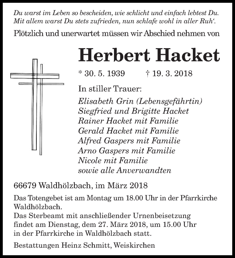  Traueranzeige für Herbert Hacket vom 24.03.2018 aus saarbruecker_zeitung