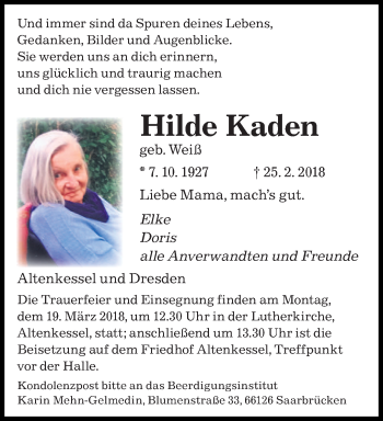Traueranzeige von Hilde Kaden von saarbruecker_zeitung