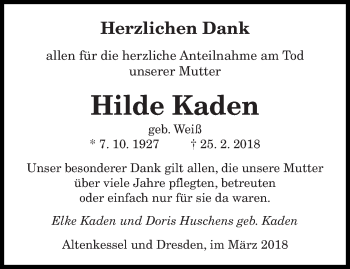 Traueranzeige von Hilde Kaden von saarbruecker_zeitung