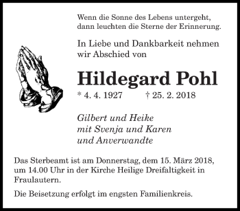 Traueranzeige von Hildegard Pohl von saarbruecker_zeitung